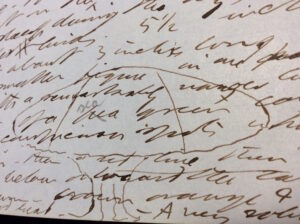 “I found a remarkable moth lying flat on the still water as if asleep” 8 July 1852 (Volume XI; NNPM MA 1302.17) 
[detail] (courtesy of the Morgan Library)
It is impossible to capture in a printed edition how words and drawings sometimes become entangled in the Journal. Which came first—text or moth? 